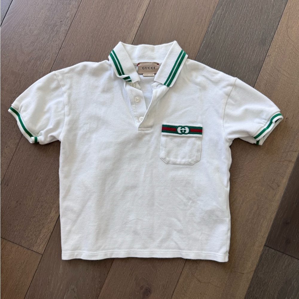 Gucci Kids Polo Shirt in White with Green Trim